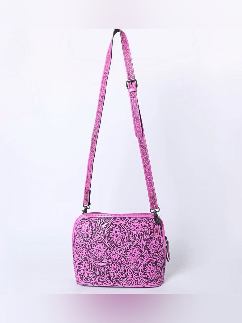 Western Bag Floral Tooled Pink Leather Crossbody Bag - Picture 4 of 6